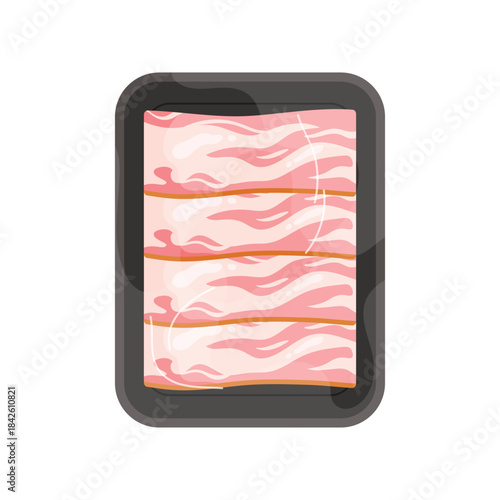 Plastic tray with thin slices of bacon, top view of black container wrapped in transparent film vector illustration