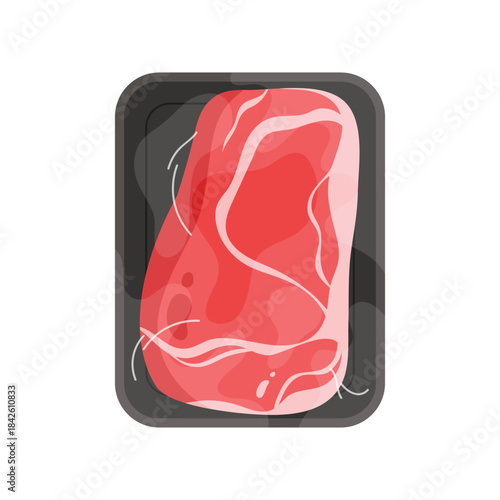 Plastic tray with meat fillet, top view of black container wrapped in transparent film vector illustration