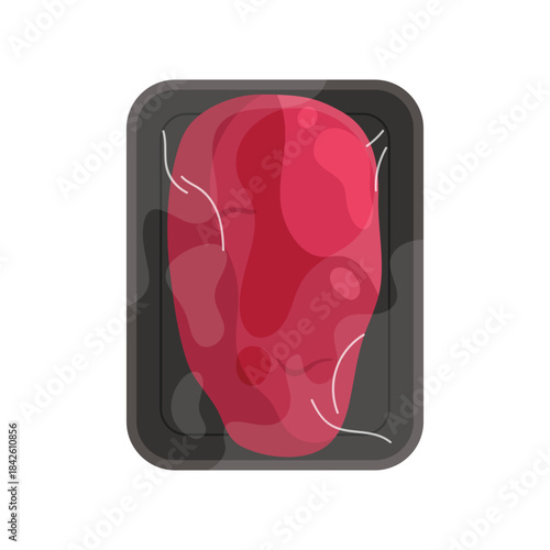Plastic tray with beef fillet, top view of black container wrapped in transparent film vector illustration