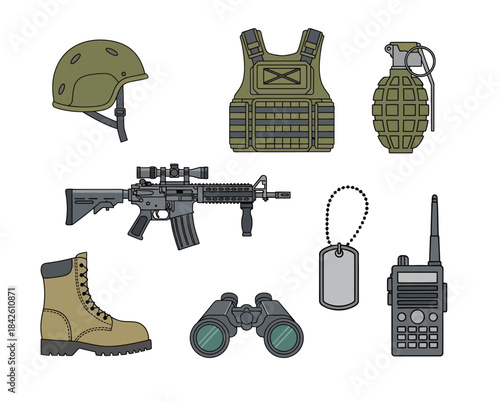 Collection of military equipment including rifle, helmet, vest, boots, grenade, binoculars, dog tags, and radio