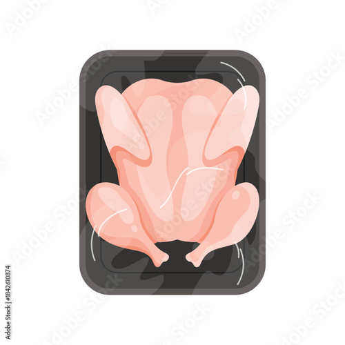 Plastic tray with whole chicken, top view of black container wrapped in transparent film vector illustration