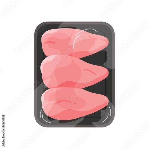 Plastic tray with row of skinless chicken breasts, top view of black container wrapped in transparent film vector illustration