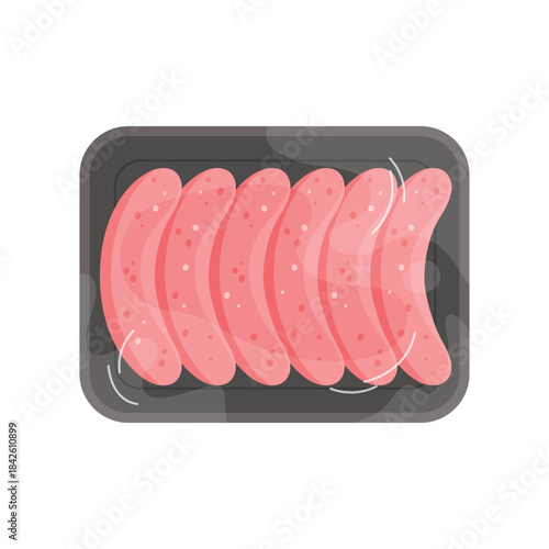 Plastic tray with meat sausages, top view of black container wrapped in transparent film vector illustration