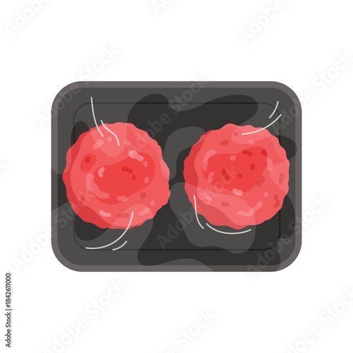 Plastic tray with raw meatballs, top view of black container wrapped in transparent film vector illustration