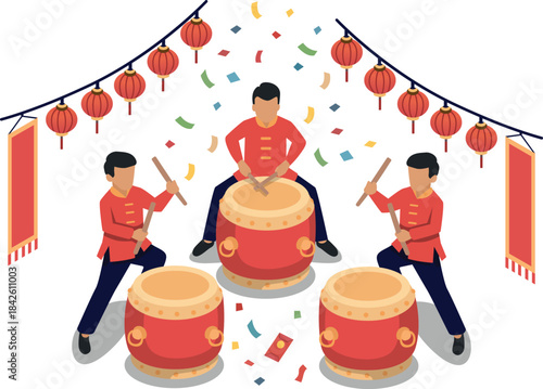 Chinese new year drum performance illustration