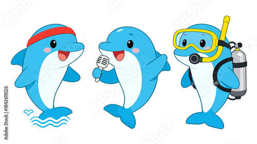 Adorable Dolphin Characters Vector Set Showing Different Activities: Exercising, Singing, and Scuba Diving Mascot Illustration