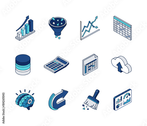 Isometric Data Analysis and Business Management Icon Set Including Graphs, Funnel, Database, Brain, and Dashboard Vector