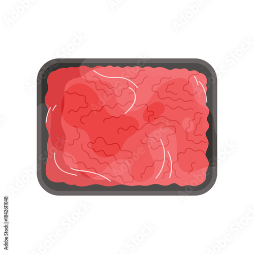 Plastic tray with raw red minced meat, top view of black container wrapped in transparent film vector illustration