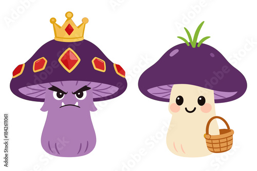Cute Mushroom Characters Vector Illustration: King Mushroom with Crown and Angry Expression Next to a Happy Forager Mushroom
