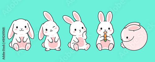 Adorable White Bunny Rabbit Cartoon Characters Vector Set in Various Poses Eating Carrot and Resting Cute Pet Illustration