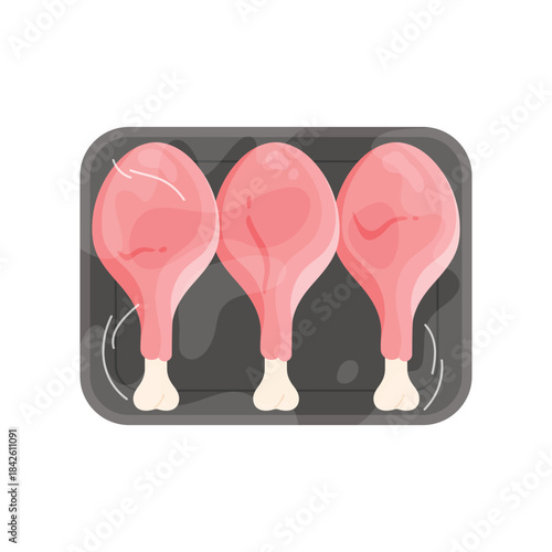 Plastic tray with chicken drumsticks, top view of black container wrapped in transparent film vector illustration