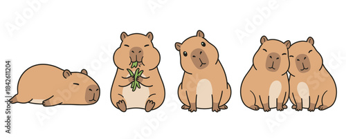 Adorable Capybara Cartoon Characters Vector Set in Various Poses: Sleeping, Eating, and Cuddling Cute Animal Illustration