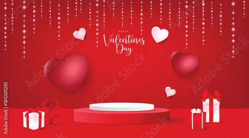 Romantic red Valentine’s Day background with 3D hearts, glowing hanging lights, gift boxes, and a round podium for product display.