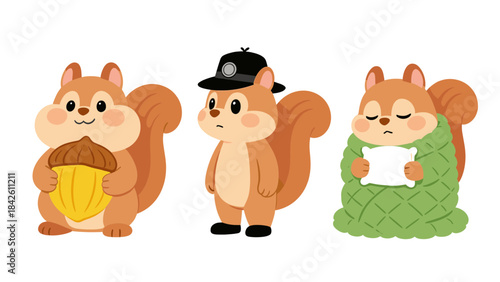 Cute Squirrel Characters Vector Set with Different Activities: Holding Acorn, Police Officer, and Sick/Cozy in Blanket Illustration