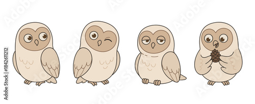 Cute Barn Owl Cartoon Characters Vector Set Showing Different Emotions and Poses from Winking to Holding a Pinecone Illustration