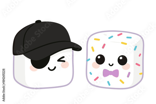 Cute Marshmallow Cartoon Characters Vector Set: Pirate Marshmallow with Eye Patch and Baseball Cap Next to Sprinkled Marshmallow