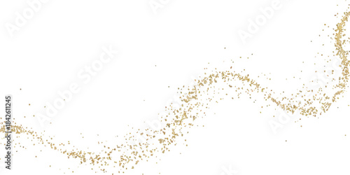 Sparkling golden dust trail creating an abstract wave on white background. Abstract glittering golden sparkle texture background with shiny wave. Golden glitter dust trail abstract light effect. 