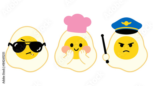 Funny Fried Egg Cartoon Characters Set: Cool Detective, Happy Chef Cook, and Angry Police Officer with Baton Illustration