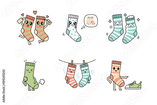 Cute cartoon socks characters set in different moods and actions with sweet couple, sad, dirty, and happy designs, funny vector illustration for children's books and merchandise