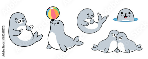 Adorable set of cartoon baby seals in various playful and cute poses, including balancing a ball, cuddling, waving, and popping out of water, vector illustration for kids
