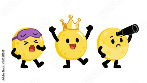 Funny cartoon moon characters set showing different emotions and activities, including sleeping with a mask, cheering with a crown, and observing with a telescope, vector illustration