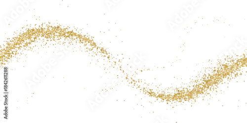 Sparkling golden dust trail creating an abstract wave on white background. Abstract glittering golden sparkle texture background with shiny wave. Golden glitter dust trail abstract light effect. 