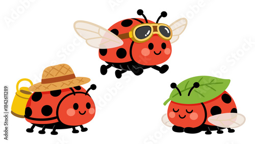 Cute cartoon ladybug characters set in different playful and adorable actions, including flying with goggles, gardening with a hat, and resting under a leaf, sweet vector illustration