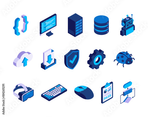 Technology and IT icon set in isometric 3D style, featuring server, database, robot, cloud, security shield, VR headset, keyboard, and mouse, modern vector illustration