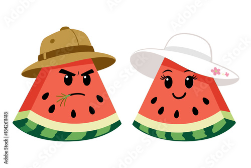 Funny cartoon watermelon wedge characters set in opposite personalities, an angry one in a safari hat and a happy one in a sun hat, sweet summer fruit vector illustration