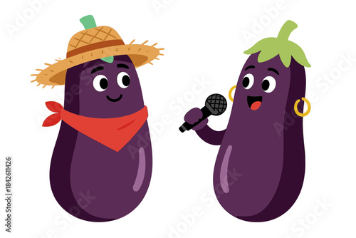 Cute cartoon eggplant characters set with funny farmer and singer personalities, one wearing a straw hat and bandana and the other holding a microphone, vegetable vector illustration