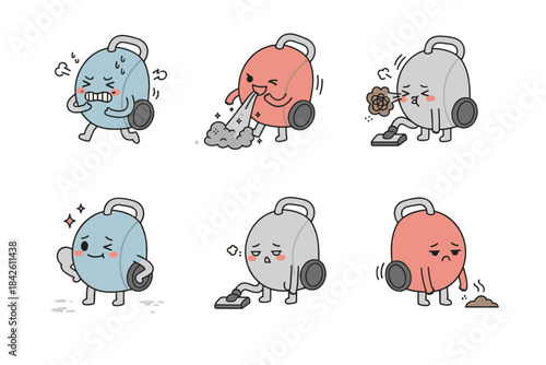 Cute cartoon vacuum cleaner characters set showing different emotions and actions, including happy, sad, spitting out dirt, exhausted, and angry, funny vector illustration