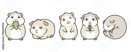 Adorable set of cartoon guinea pig characters in various cute poses, eating a leaf, resting, winking, holding a flower, and sleeping curled up, sweet vector illustration for pets