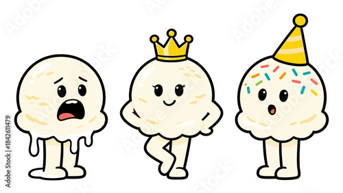 Funny cartoon melting ice cream scoop characters set, including sad face, queen with crown, and happy face with party hat and sprinkles, sweet dessert vector illustration