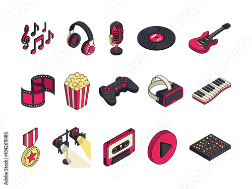 Isometric entertainment and hobby icons set, including music notes, headphones, microphone, vinyl, electric guitar, VR headset, gamepad, film strip, and audio mixer, vector illustration
