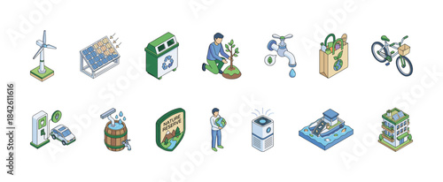Isometric eco-friendly and environmental conservation icons set, featuring wind turbine, solar panel, recycling bin, tree planting, water faucet, shopping bag, and nature reserve, vector illustration