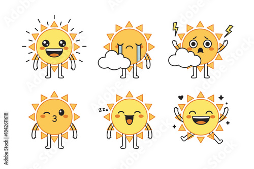 Funny cartoon sun characters set showing various bright and cheerful emotions, including happy, crying, surprised by lightning, winking, sleepy, and excited, sweet vector illustration