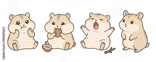 Adorable set of cartoon hamster characters in various cute and playful poses, including happy, eating a nut, yawning, and standing up, sweet small pet vector illustration for children