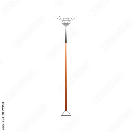 Garden rake with wooden handle and metal teeth to collect leaves vector illustration