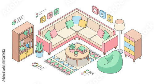 Isometric living room corner sectional sofa furniture set design with bookcase, drawers, coffee table, lamp, and beanbag in pastel colors, cozy home interior layout vector illustration