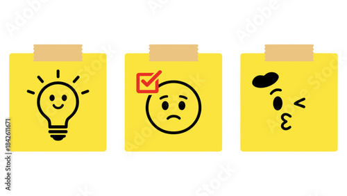 Set of three funny cartoon emoji faces on yellow sticky notes, including a happy lightbulb idea, a sad checked list, and a winking kiss, note paper vector illustration