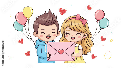 Love's Shared Message: A cartoon illustration depicts a pair of young individuals, joyfully holding a letter adorned with a heart, symbolizing their shared connection and affectionate sentiments.
