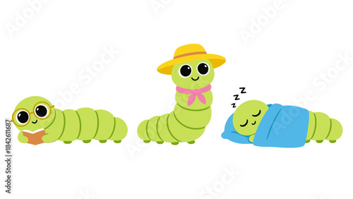 Set of Three Cute Cartoon Green Caterpillars with Various Emotions and Activities Vector Illustration