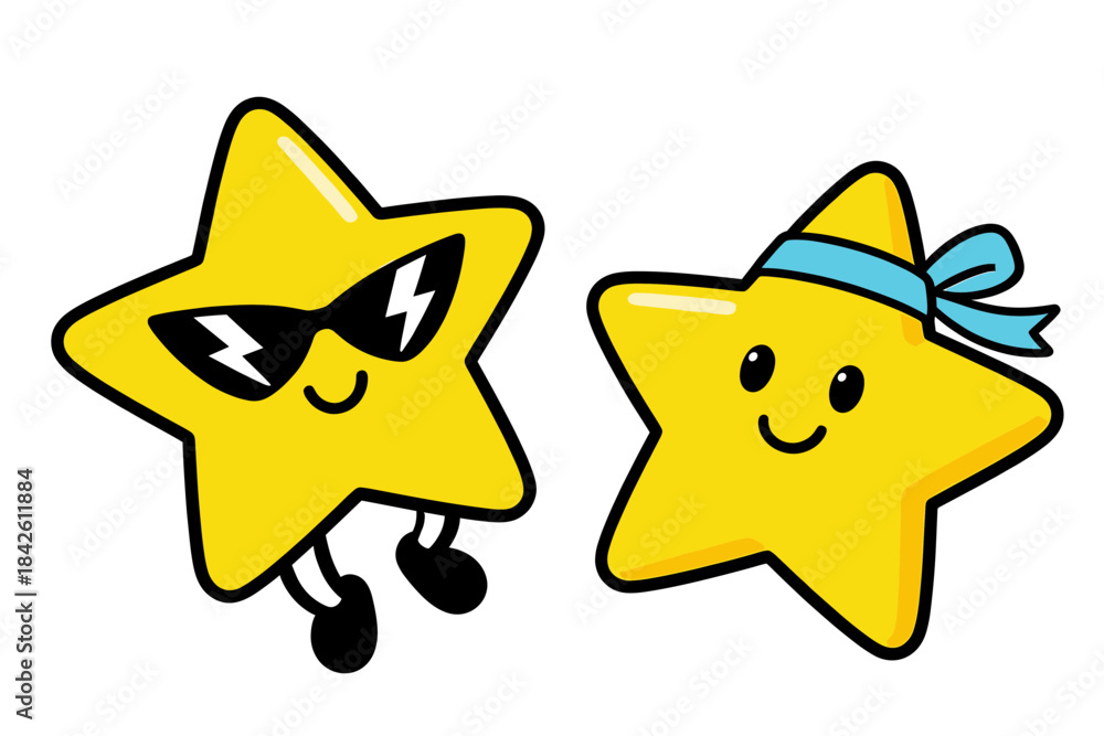 Obraz premium Two Cute Cartoon Yellow Star Characters with Funny Accessories and Expressions Vector Illustration