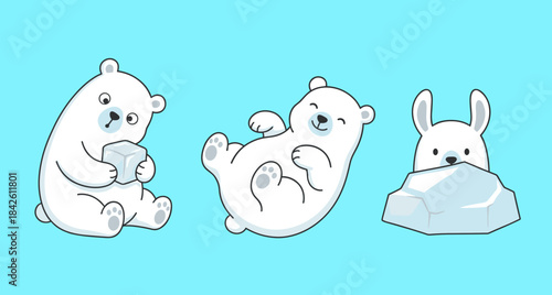 Set of Three Cute Cartoon Polar Bear and Arctic Hare Characters in Funny Poses on Blue Background Vector