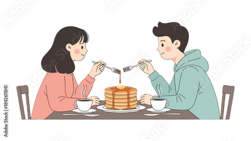Breakfast Date: A couple shares a warm and inviting breakfast of pancakes and coffee. Captured in a heartwarming illustration.