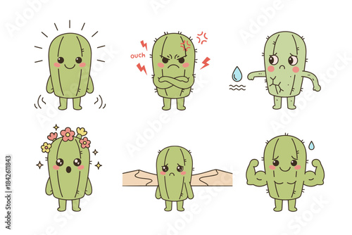 Collection of Six Cute Cartoon Cactus Plant Characters with Various Emotions and Activities Vector Illustration