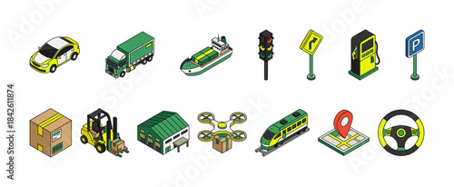 Transportation, Logistics, and Delivery Isometric Icon Set: Shipping, Traffic, and Vehicle Vector Collection