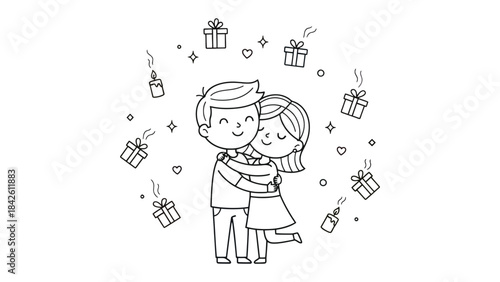 Everlasting Embrace: A heartwarming illustration of a couple embraces amidst the gentle glow of candles and floating gifts, capturing the essence of affection and togetherness. 