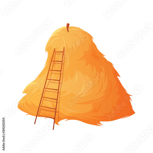 Stack of golden hay or straw with ladder to top, rustic hayloft vector illustration