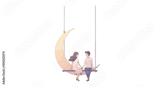 Celestial Serenade: Two figures sit on a crescent moon swing, bathed in soft, ethereal light, holding hands, embodying the quiet intimacy of shared dreams and moments.